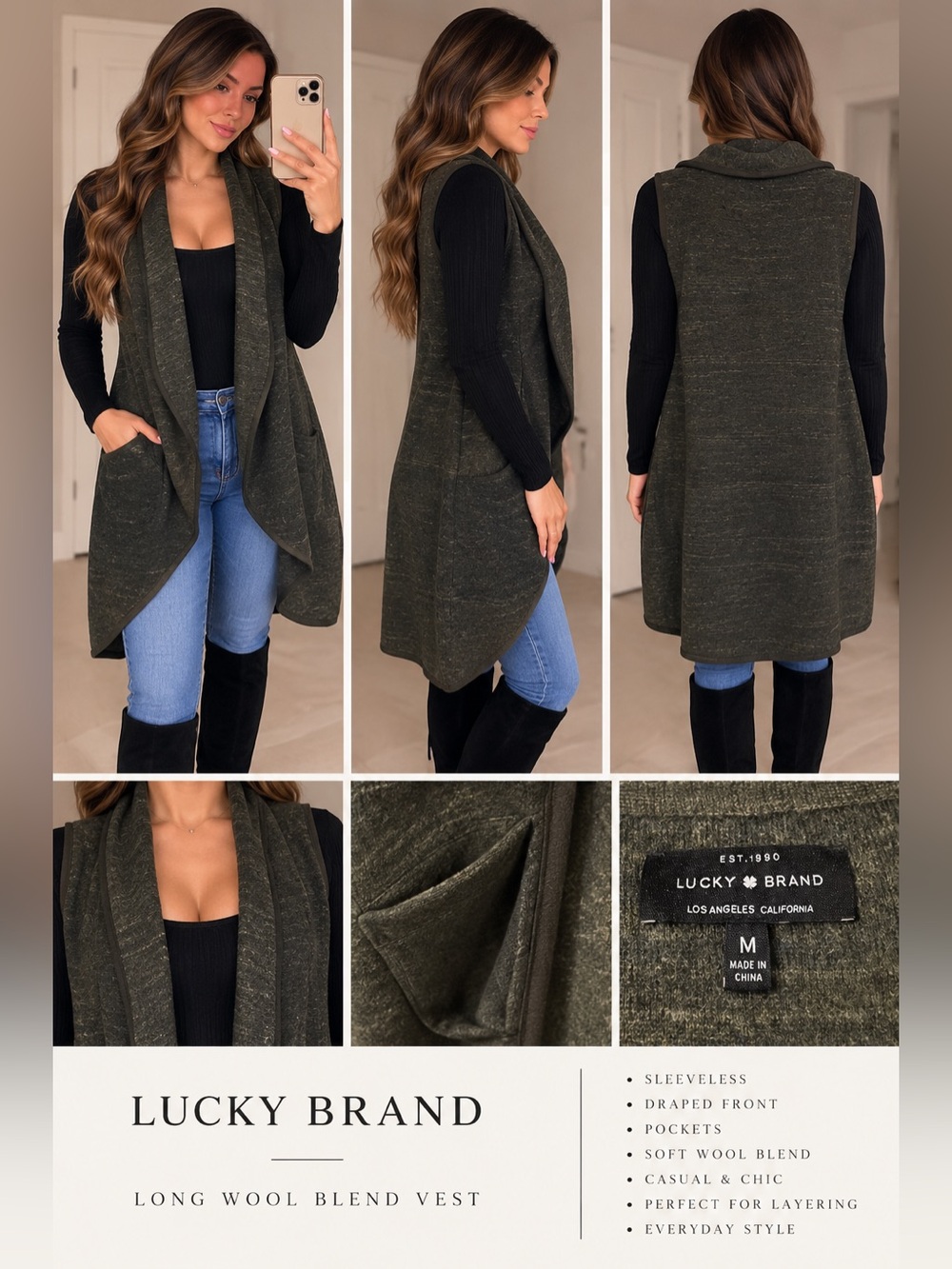 Lucky Brand Olive Green Draped Wool-Blend Sleeveless Vest